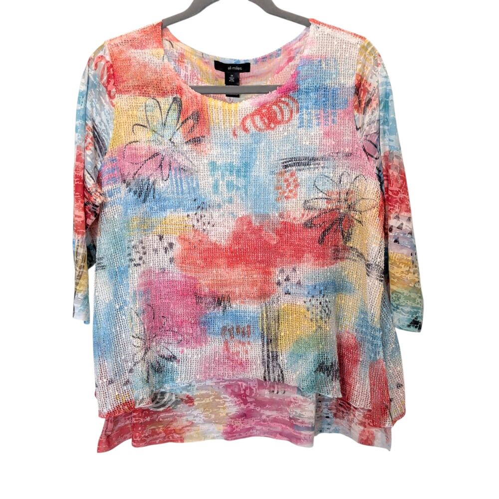 Ali Miles Sz 2X Bright Abstract Blouse Mesh 3/4 Sleeve Art to Wear Lagenlook